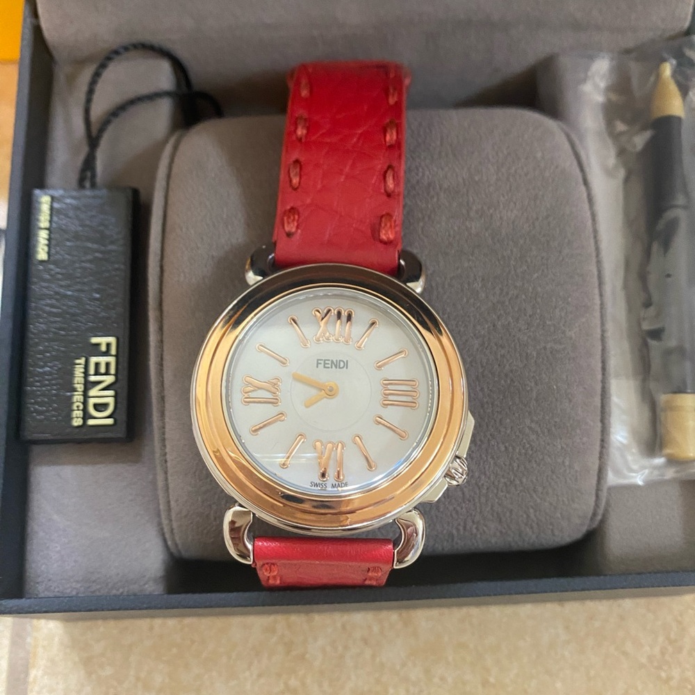 Fendi Selleria Diamond Mother of Pearl Red Leather Strap Watch 37mm w box card